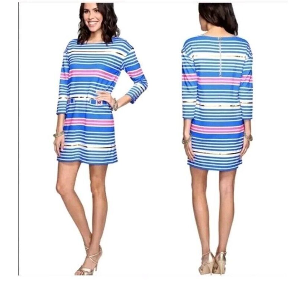Lilly Pulitzer Lena Lapis Blue Tiki Stripe Half Sleeve Knit Mini Sheath Dress XS